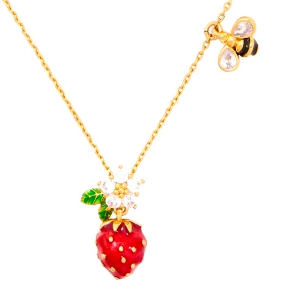 NWT Kate Spade Strawberry & Bee Strawberry Fields Mini Pendant Gold Necklace
